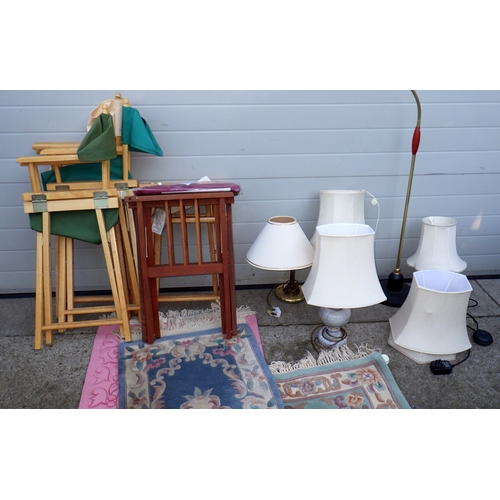 676 - Three Chinese rugs, lamps, various folding chairs