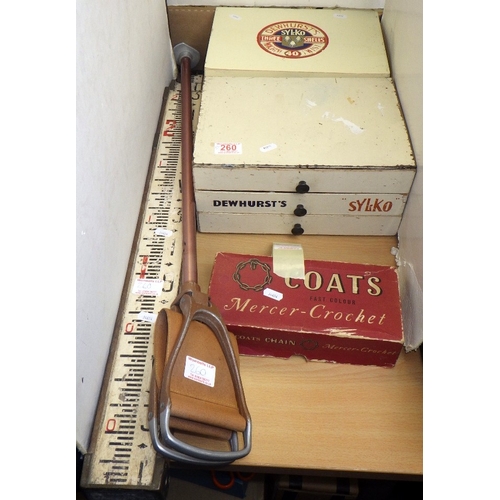 260 - Two Sylco Dewhurst's shop drawers, hunting stiçk, surveyor’s measure etc