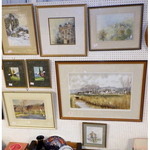 289 - A qty of misc watercolours together with a Jeremy King pencil signed print (8)