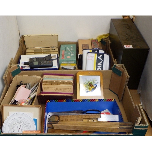 297 - A qty of misc to inc vintage rulers, metal filing box etc (3)