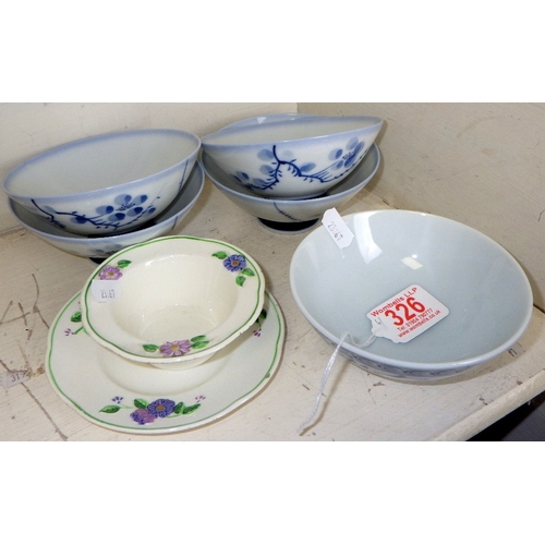 326 - An Oriental rice bowl with makers mark together with four further bowls and an AF Maytime saucer and... 