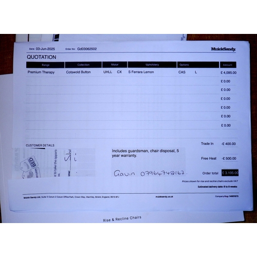 741 - A nearly new Muick Sandy electric reclining arm chair, cost £3195. See receipt details. Recline & ma... 