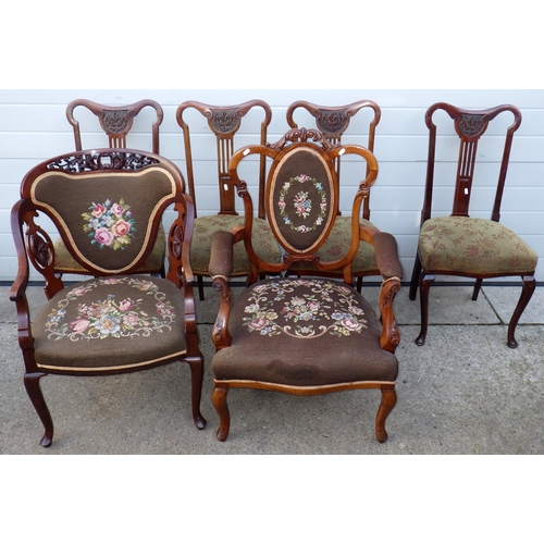 743 - A set of four Edwardian salon chairs together with two Edwardian salon armchairs (6)