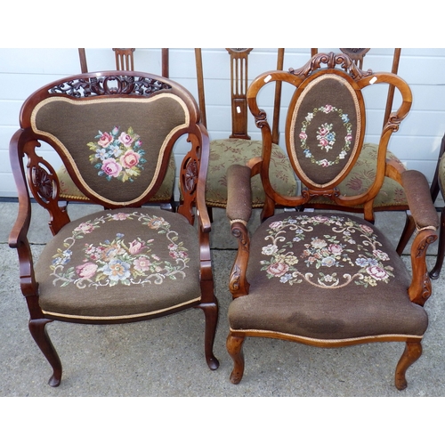 743 - A set of four Edwardian salon chairs together with two Edwardian salon armchairs (6)