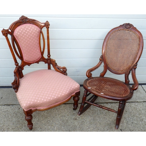 744 - A Victorian pink upholstered nursing chair together with a rocking chair (2)