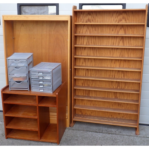 728 - Two open shelves a low shelf unit and two sets of desk top metal drawers (5)