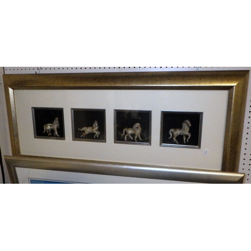 377 - Two framed insect boards, framed horse figure wall art etc