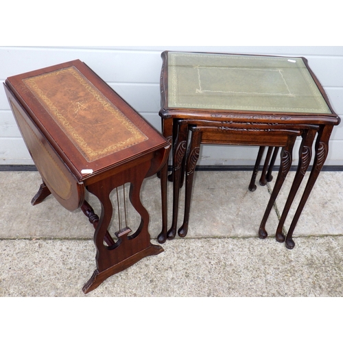 754 - A reproduction leather inset drop leaf occasional table together with a nest of three occasional tab... 