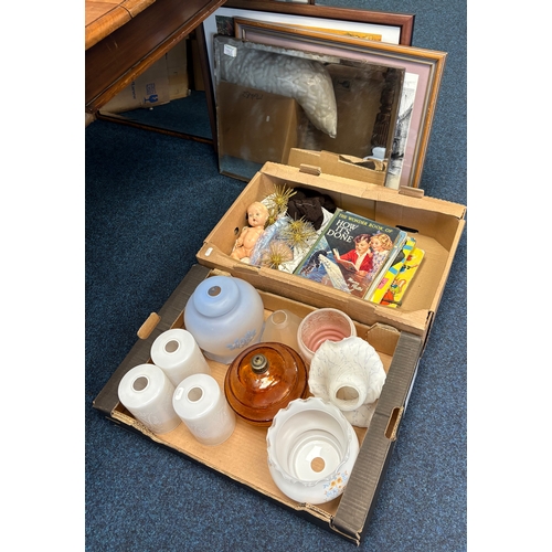 441 - A qty of glass lamp shades, frameless mirror, prints etc