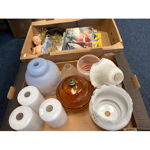 441 - A qty of glass lamp shades, frameless mirror, prints etc