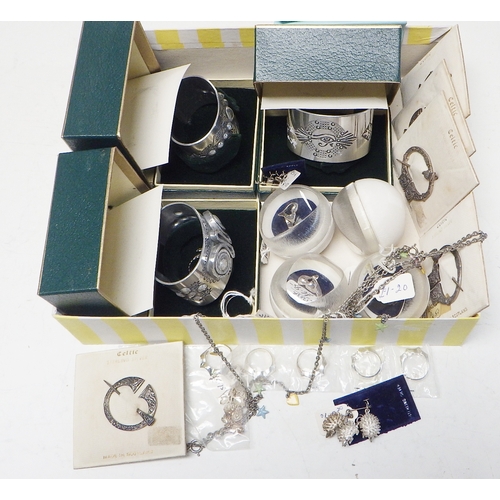 234 - Five Scottish silver plaid brooches, modern unused; three boxed ScarLeo Isle of Man bangles; white m... 