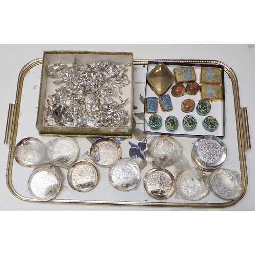 243 - Five Chinese white metal and enamel repousse pill boxes; three Chinese gilt white metal cabochon set... 