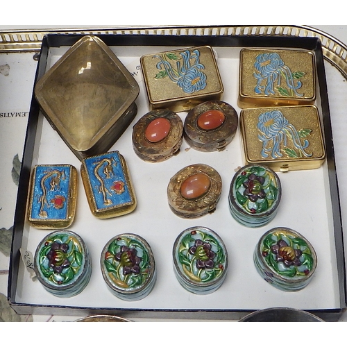 243 - Five Chinese white metal and enamel repousse pill boxes; three Chinese gilt white metal cabochon set... 