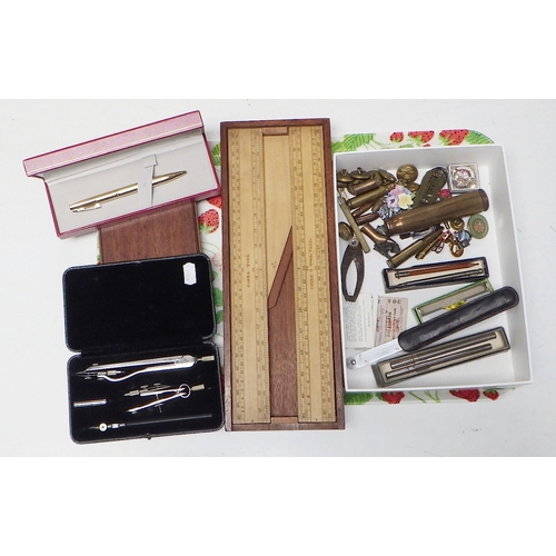 420 - A cased wooden three piece ruler set by  Cooke, York; a cased drawing set, other pens; group of mili... 
