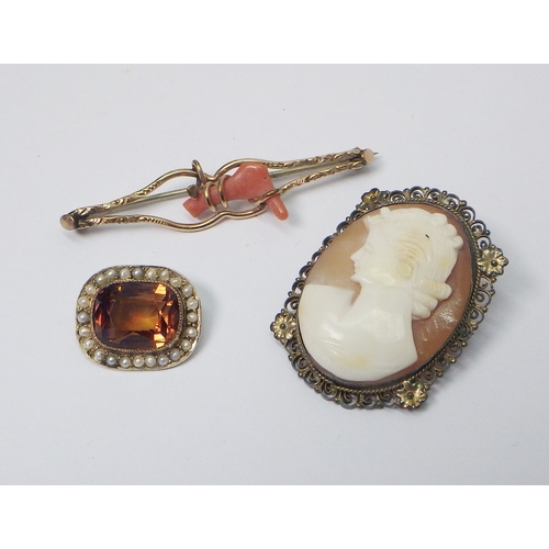 36 - A yellow metal citrine and seed pearl brooch head marked 9ct, c1900 a/f pin removed, 18 x15 mm; a ye... 