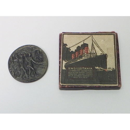 92 - A WW1 Lusitania Medal propaganda plaque, boxed with paper slip.
