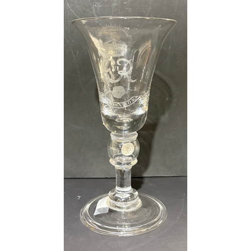 113 - A GVIR bell shaped goblet engraved for the coronation of George VI 1937, enclosed silver coin 24cm t... 