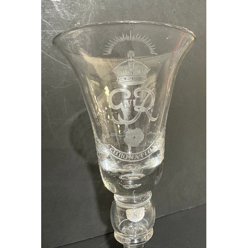 113 - A GVIR bell shaped goblet engraved for the coronation of George VI 1937, enclosed silver coin 24cm t... 
