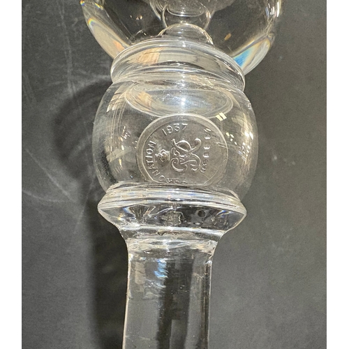 113 - A GVIR bell shaped goblet engraved for the coronation of George VI 1937, enclosed silver coin 24cm t... 
