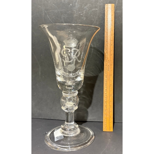 113 - A GVIR bell shaped goblet engraved for the coronation of George VI 1937, enclosed silver coin 24cm t... 