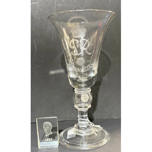 113 - A GVIR bell shaped goblet engraved for the coronation of George VI 1937, enclosed silver coin 24cm t... 