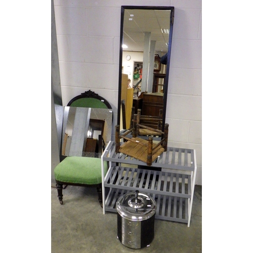 613 - A chrome bin, nursing chair, shoe rack, stool and two mirrors (6)