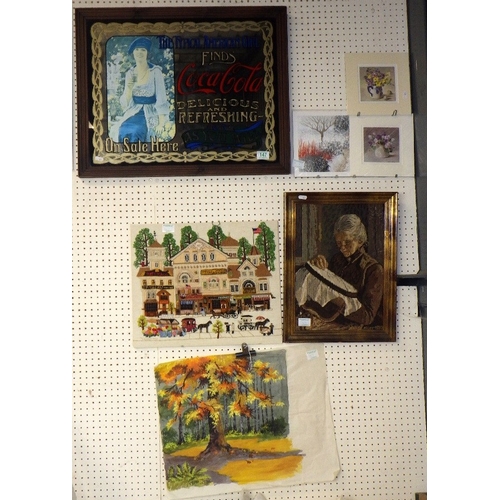 147 - A Coca-Cola mirror together with two embroideries and four other pictures (7)