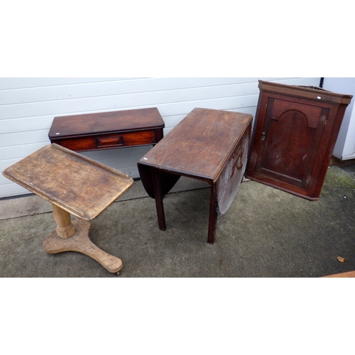 632 - A 19th cen mahogany tea table together with a drop leaf table, corner cupboard and an invalid table ... 