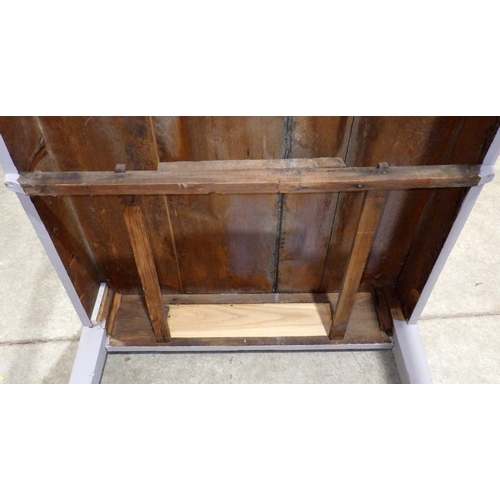 678 - A pine topped kitchen table on painted legs, drawer filled in, 114cm x 92cm