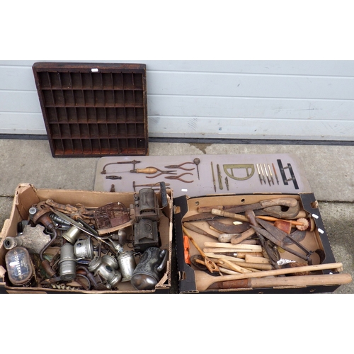 706 - A print tray, drawing instruments, bicycle lamps, tools, kitchen items etc (4)