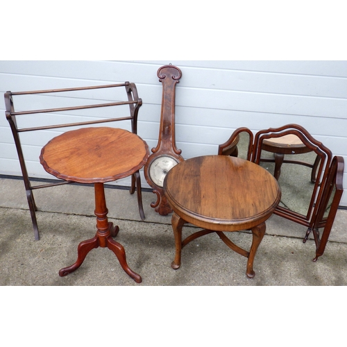 717 - A Victorian tripod table, circular coffee table towel rail triptych mirror and a barometer, missing ... 