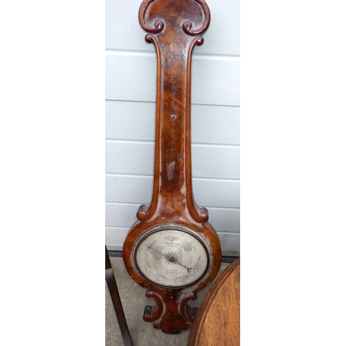 717 - A Victorian tripod table, circular coffee table towel rail triptych mirror and a barometer, missing ... 