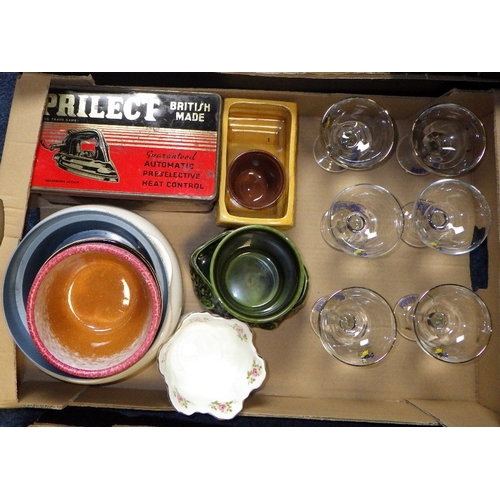 340 - Four boxes of misc kitchenware etc to inc six Babycham glasses (4)