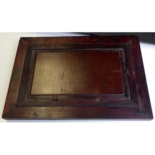 354 - A 20thC Chinese porcelain plaque with a landscape scene, set in a hardwood frame 40 x 28cm