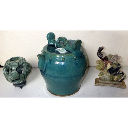 373 - An oriental barrel shaped tea pot AF together with a polished stone puzzle ball and a sculpture (3)