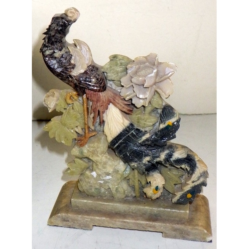 373 - An oriental barrel shaped tea pot AF together with a polished stone puzzle ball and a sculpture (3)