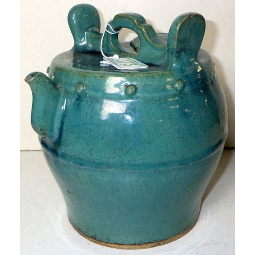 373 - An oriental barrel shaped tea pot AF together with a polished stone puzzle ball and a sculpture (3)