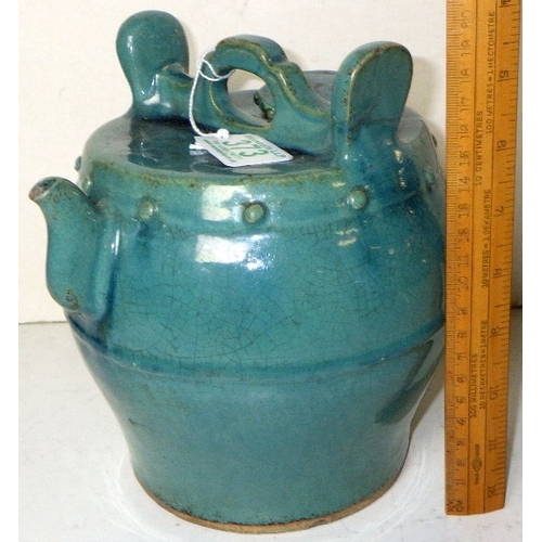 373 - An oriental barrel shaped tea pot AF together with a polished stone puzzle ball and a sculpture (3)
