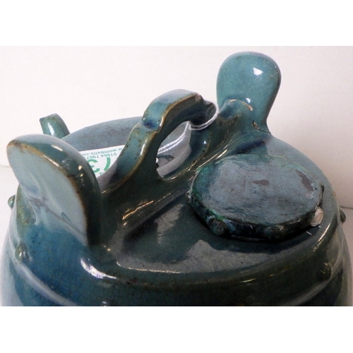 373 - An oriental barrel shaped tea pot AF together with a polished stone puzzle ball and a sculpture (3)