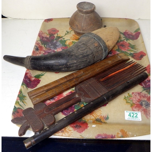 422 - An African comb, unusual horn shaped artefact, flutes etc
