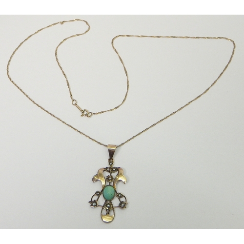 46 - An Art Nouveau pendant set with turquoise & seed pearls, yellow metal indistinctly marked, the whole... 