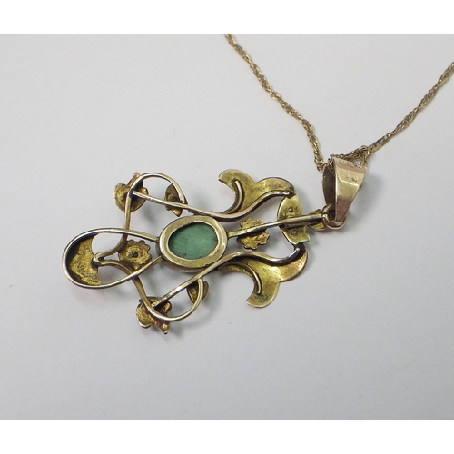 46 - An Art Nouveau pendant set with turquoise & seed pearls, yellow metal indistinctly marked, the whole... 