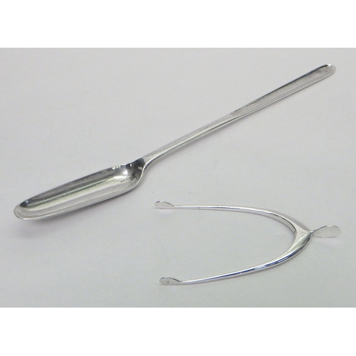68 - A silver wishbone novelty sugar tongs, early 20th cent; a silver marrow scoop, 20th cent.  Tongs app... 