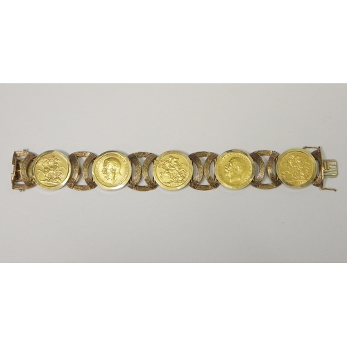 79 - A sovereign bracelet comprising five full sovereigns (Edward VII 1908, George V 1911, 1913, 1913, 19... 