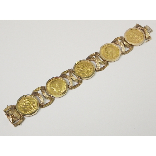 79 - A sovereign bracelet comprising five full sovereigns (Edward VII 1908, George V 1911, 1913, 1913, 19... 