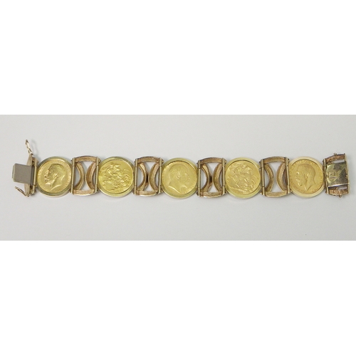 79 - A sovereign bracelet comprising five full sovereigns (Edward VII 1908, George V 1911, 1913, 1913, 19... 