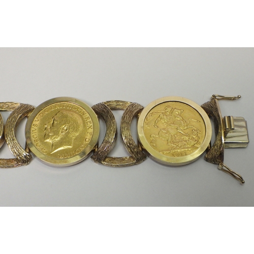 79 - A sovereign bracelet comprising five full sovereigns (Edward VII 1908, George V 1911, 1913, 1913, 19... 