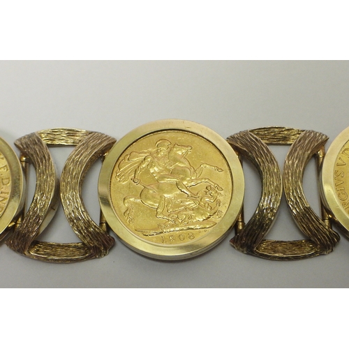 79 - A sovereign bracelet comprising five full sovereigns (Edward VII 1908, George V 1911, 1913, 1913, 19... 