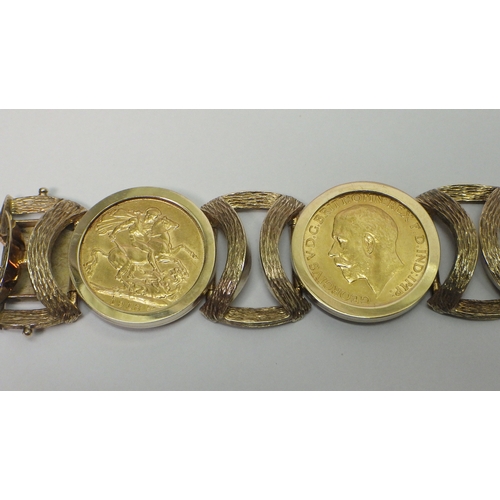 79 - A sovereign bracelet comprising five full sovereigns (Edward VII 1908, George V 1911, 1913, 1913, 19... 
