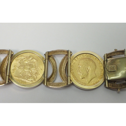 79 - A sovereign bracelet comprising five full sovereigns (Edward VII 1908, George V 1911, 1913, 1913, 19... 